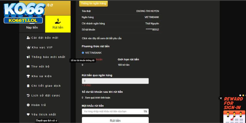 Thao tác rút thưởng từ ví game KO66 về tài khoản ngân hàng